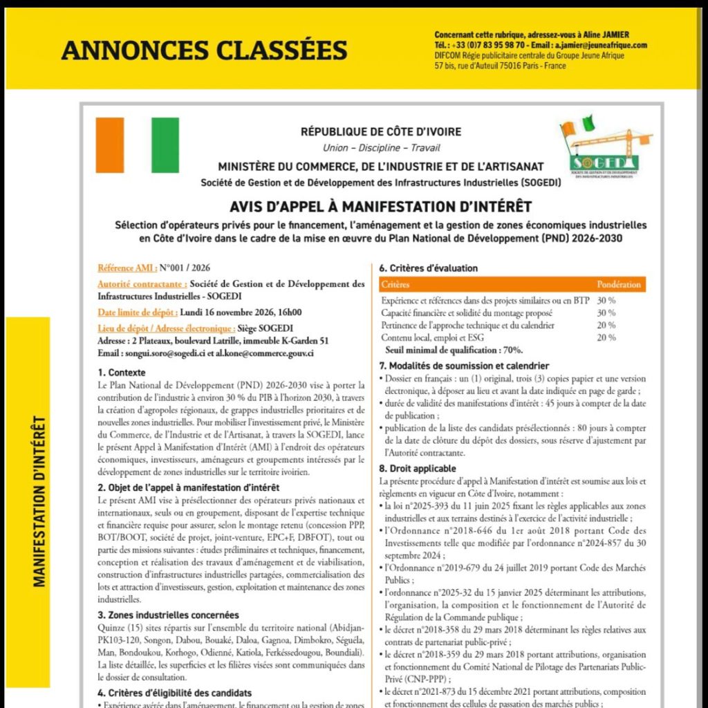 Côte d’Ivoire : appel à manifestation d’intérêt pour le développement de 15 zones industrielles